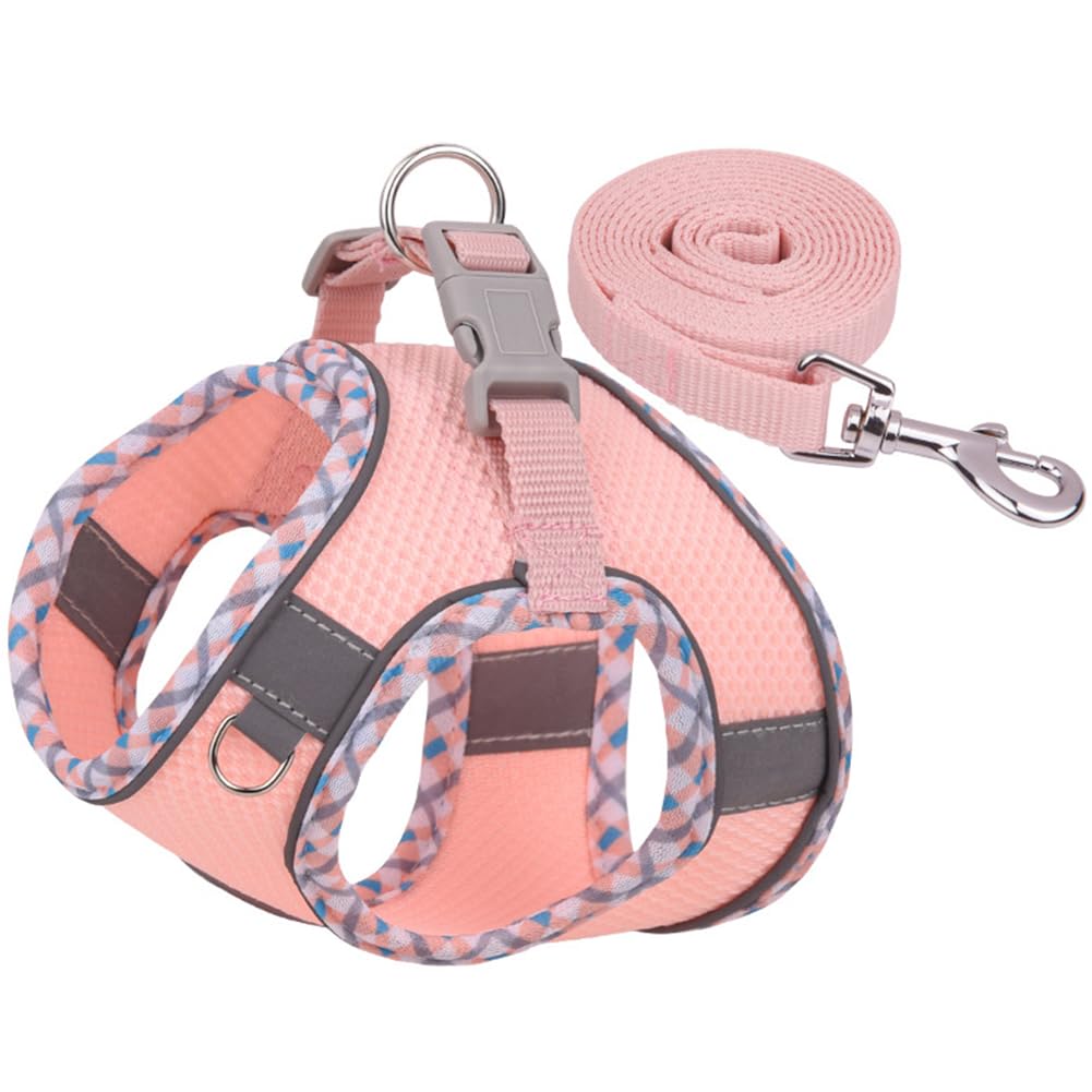 Mitili Medium Pink Striped Dog Harness with Leash Set, No Pull, Reflective, Adjustable, Breathable Mesh, Small to 28 lbs