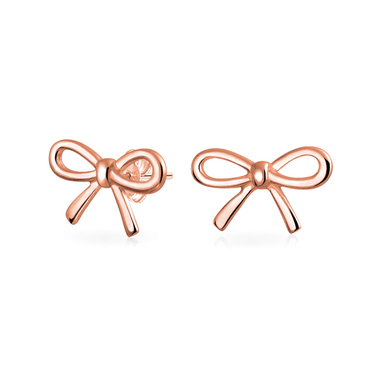 Delicate Simple Dainty Ribbon Birthday Present Bow Stud Earrings For Women Teens Rose Gold Plated .925 Sterling Silver
