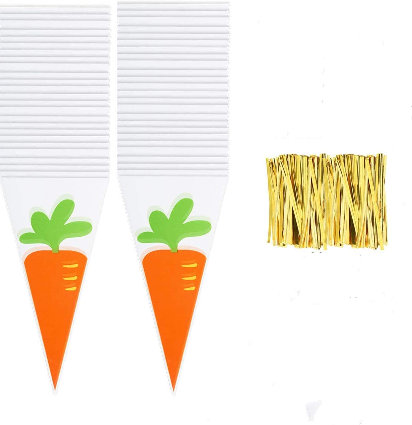 byou Cone Cellophane Bags,Clear Sweet Cones 100 pieces Carrot Patterned Treat Candy Bags with Gold Twist Ties for Easter Party Favor Crafts Snack Cookie Popcorn Storage