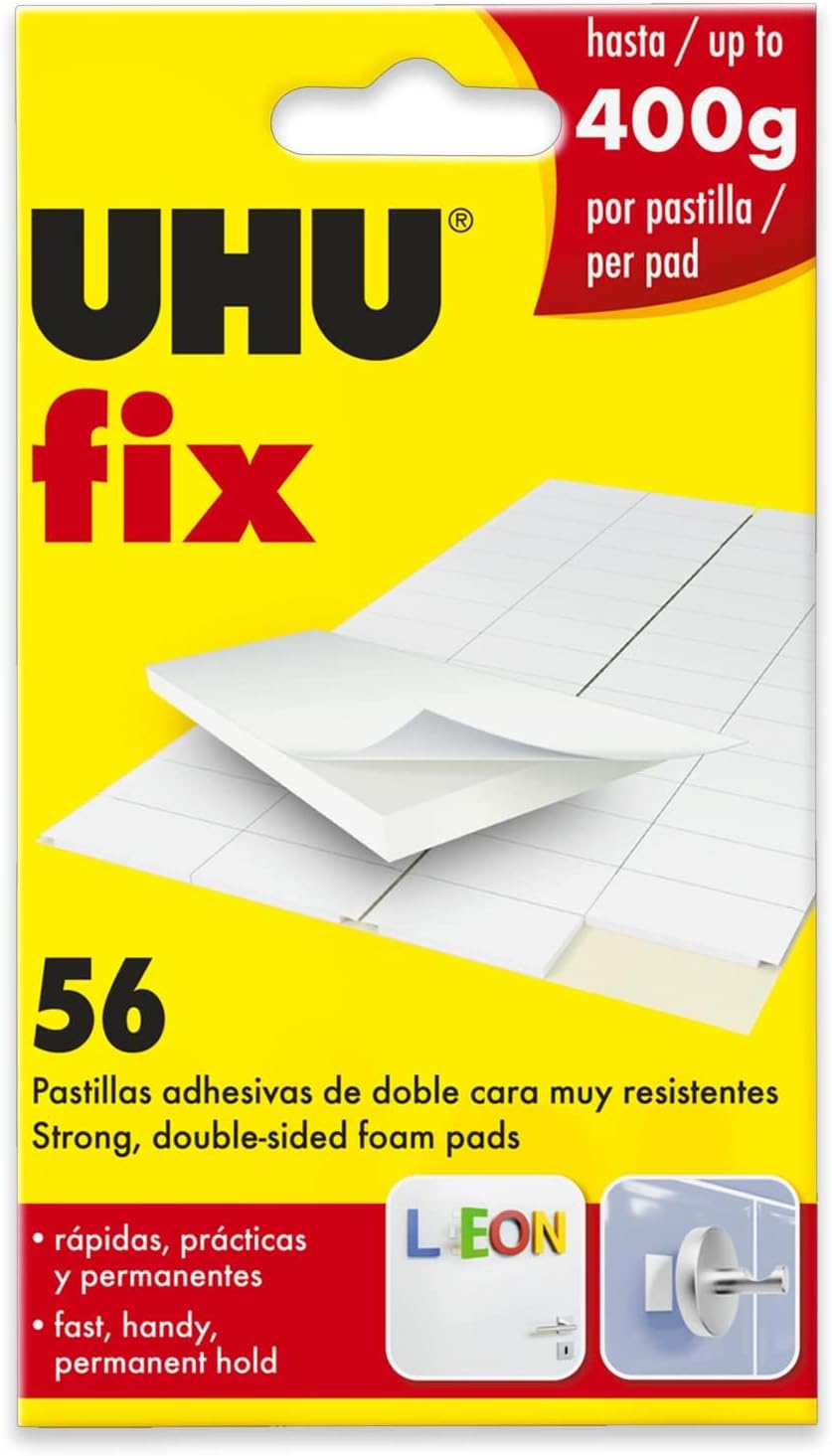UHU Fix Double Sided Sticky Foam Glue Pads Strong Wall Adhesive Strips 56 Pack