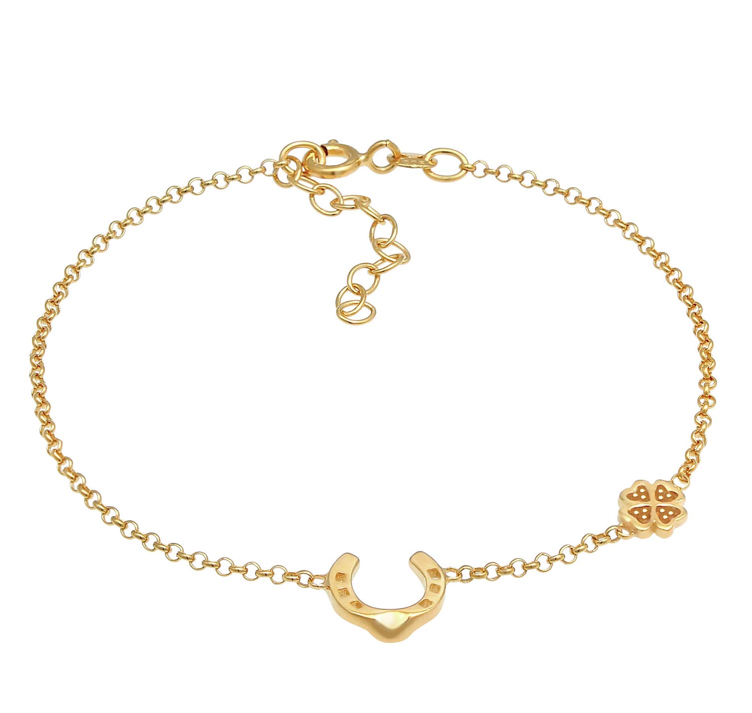 Women's Bracelet Silver with Clover Leaf (6 mm) and Horseshoe Symbol (10 mm), Bracelet with Lucky Pendant Made of 925 Sterling Silver Gold-Plated, Golden Bracelets for Women Girls, Lucky Symbol Gift
