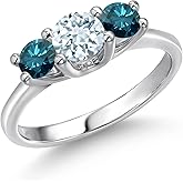 Gem Stone King 14K White Gold Sky Blue Aquamarine & Blue Diamond 3-Stone Engagement Ring | 1.04 Cttw | Round 5MM and 4MM | 3 Stone Wedding Anniversary Promise Ring For Women