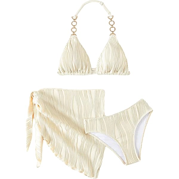 SHENHE Girl's 3-Piece Swimsuit Set With O-Ring Top & Sarong Cover-Up Skirt - Textured Bikini For Beach & Pool