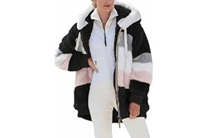 Micoson Women Fashion Color Block Faux Shearling Coat Warm Hooded Zip Up Fuzzy Winter Jacket with Pockets