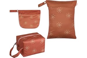 Lmbabter Diaper Wet Dry Bag for Baby 3PCS Nappy Organizer Pouch Cloth Diaper Pod for Baby Stroller,Diaper Bag Travel Bag Toiletries (Brown Sun)