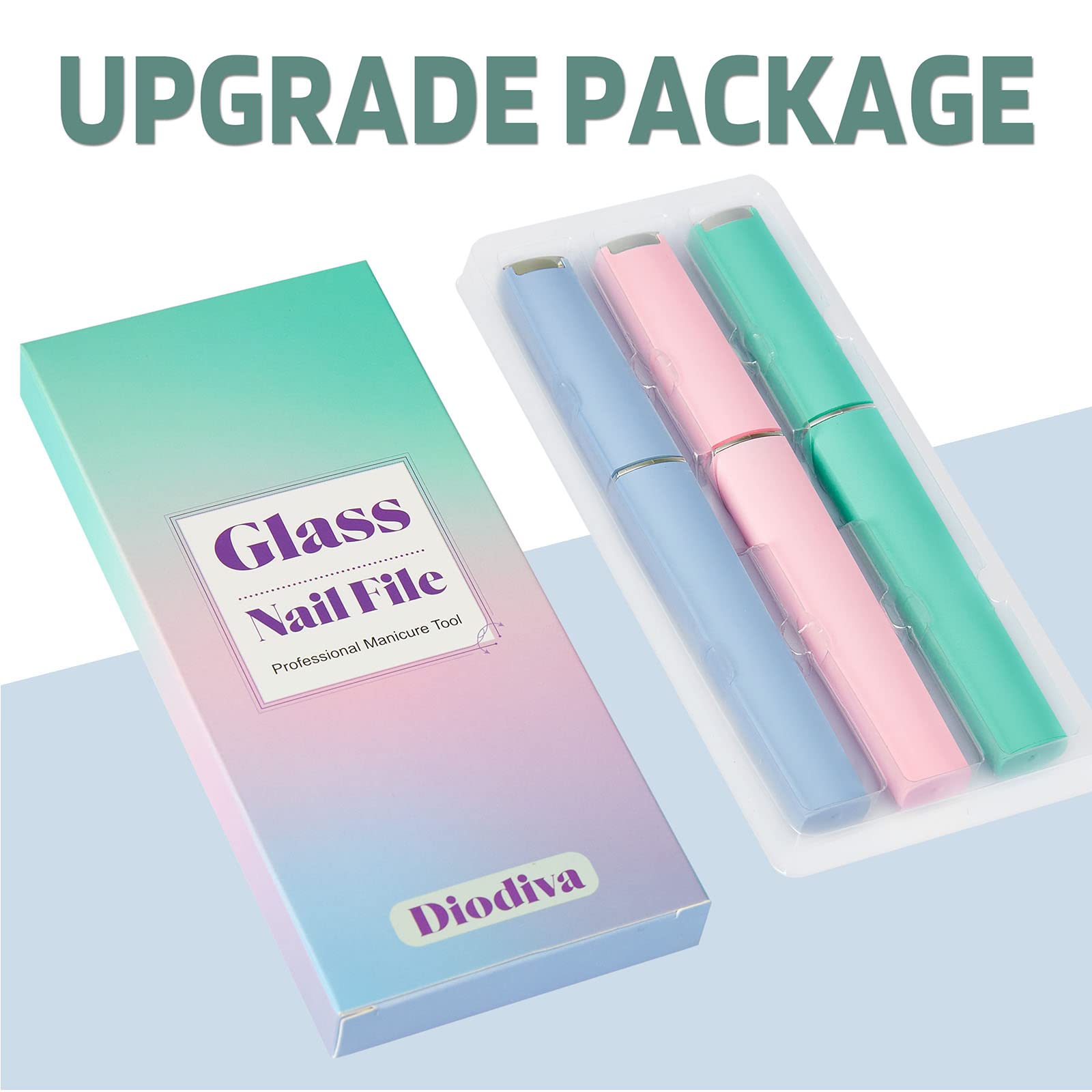 Diodiva Glass Nail File 3 Pack for Natural Nails, Crystal Fingernail Files with Case Etched Nail Filer Professional Nail File Glass Lima de uñas, Unique Christmas Gifts Stocking Stuffers for Women Adults