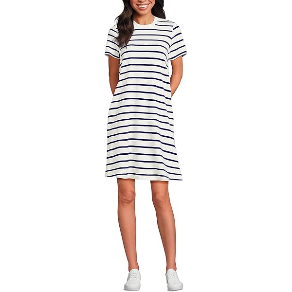 Lands' End Women's Petite Cotton Jersey Notch Neck Dress X-Small Navy/White  Breton Stripe at Amazon Women's Clothing store