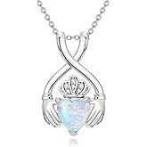 MOTIEL 925 Sterling Silver Diamond Irish Claddagh Necklace for Women Claddagh Pendant with Heart Opal Irish Jewelry Gift for Her