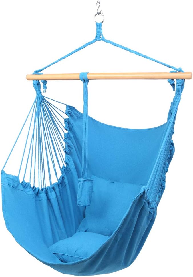 Hammock Chair Hanging Rope Swing with 2 Pillows and Metal Hook- Large Relax Hanging Swing Chair Cotton Weave for Superior Comfort & Durability Perfect for Indoor/Outdoor Patio Deck Yard (Sky Blue)