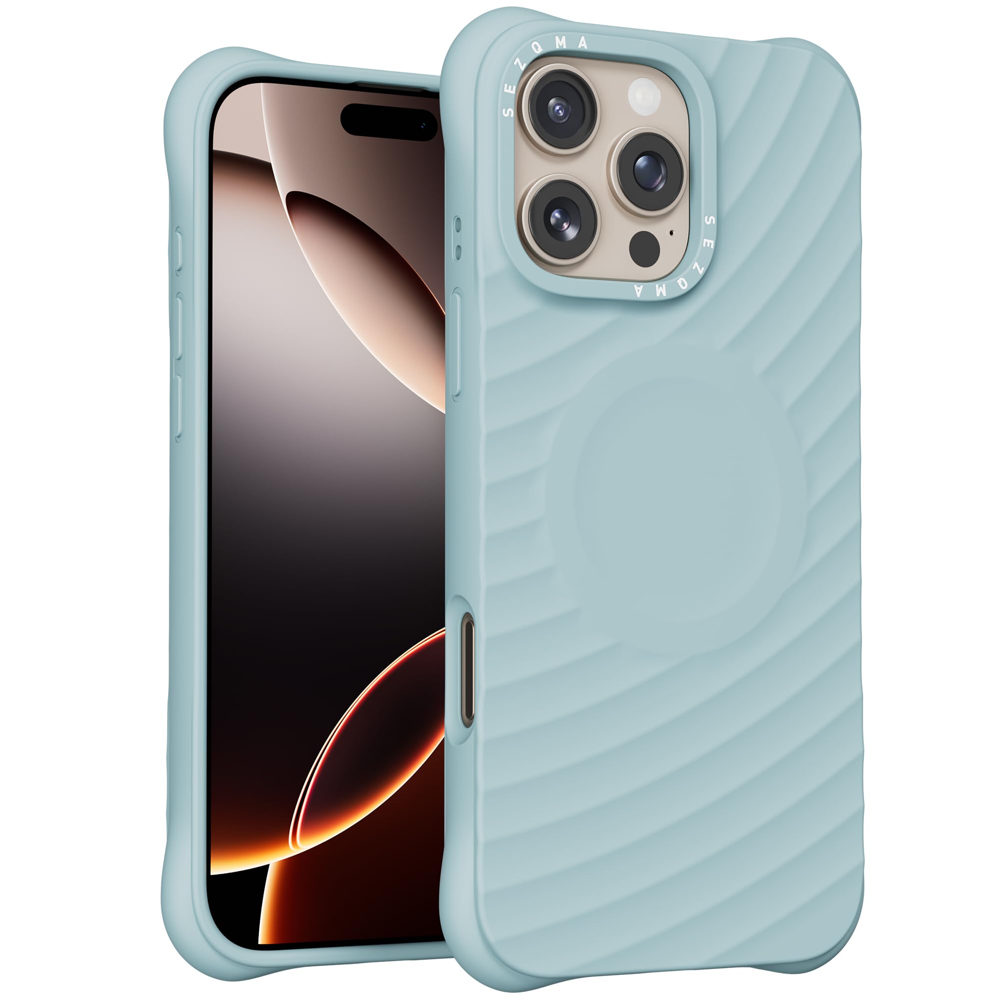 Photo 1 of SEZQMA Ripple Case for iPhone 16 Pro Max - Liquid Silicone Bumper with MagSafe, Shockproof Protective Wavy Design, 2X MIL-STD Drop Protection, Soft Velvet Feel, Slim Sleek Cover, Light Blue