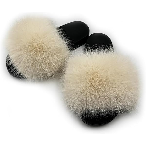 Yu Li Women's Real Raccoon Fur Slippers Slides – Indoor/Outdoor Flat Sole Soft Shoes (Blue, Size 9)