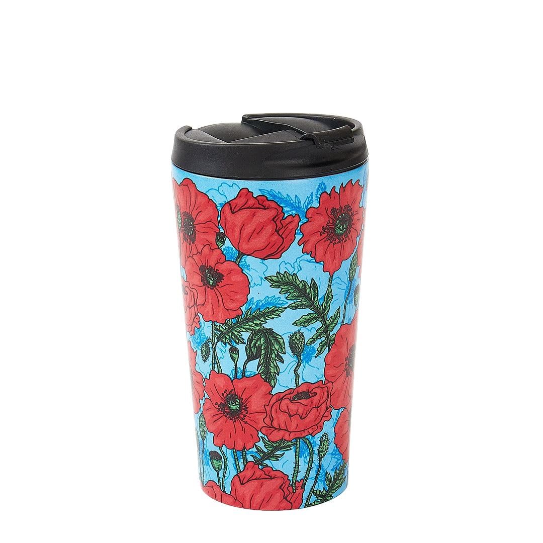 ECO CHIC Reusable Thermal Coffee Cup Stainless Steel Leakproof Insulated 330ml Travel Mug (Poppies Blue)