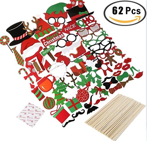 62 Pieces Christmas Photo Booth Props Kit Merry Christmas Wedding Party Photo Props with Glasses Moustache Red Lips Deer Horn Santa Hat Party Accessory