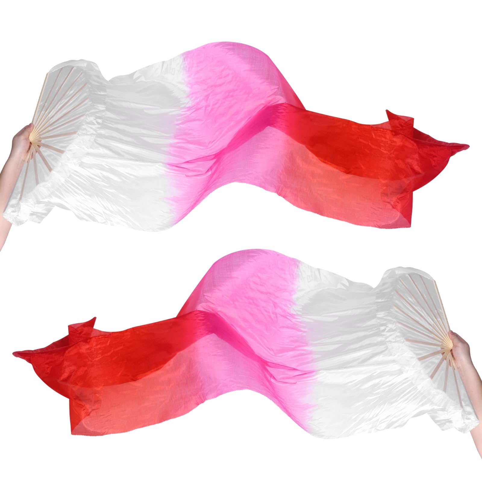 PATIKIL Belly Dance Silk Fan Veil 59", 1 Pair (Left+Right) Women Long Folding Dance Fan Wood Fan for Dance Performance, White Pink Red