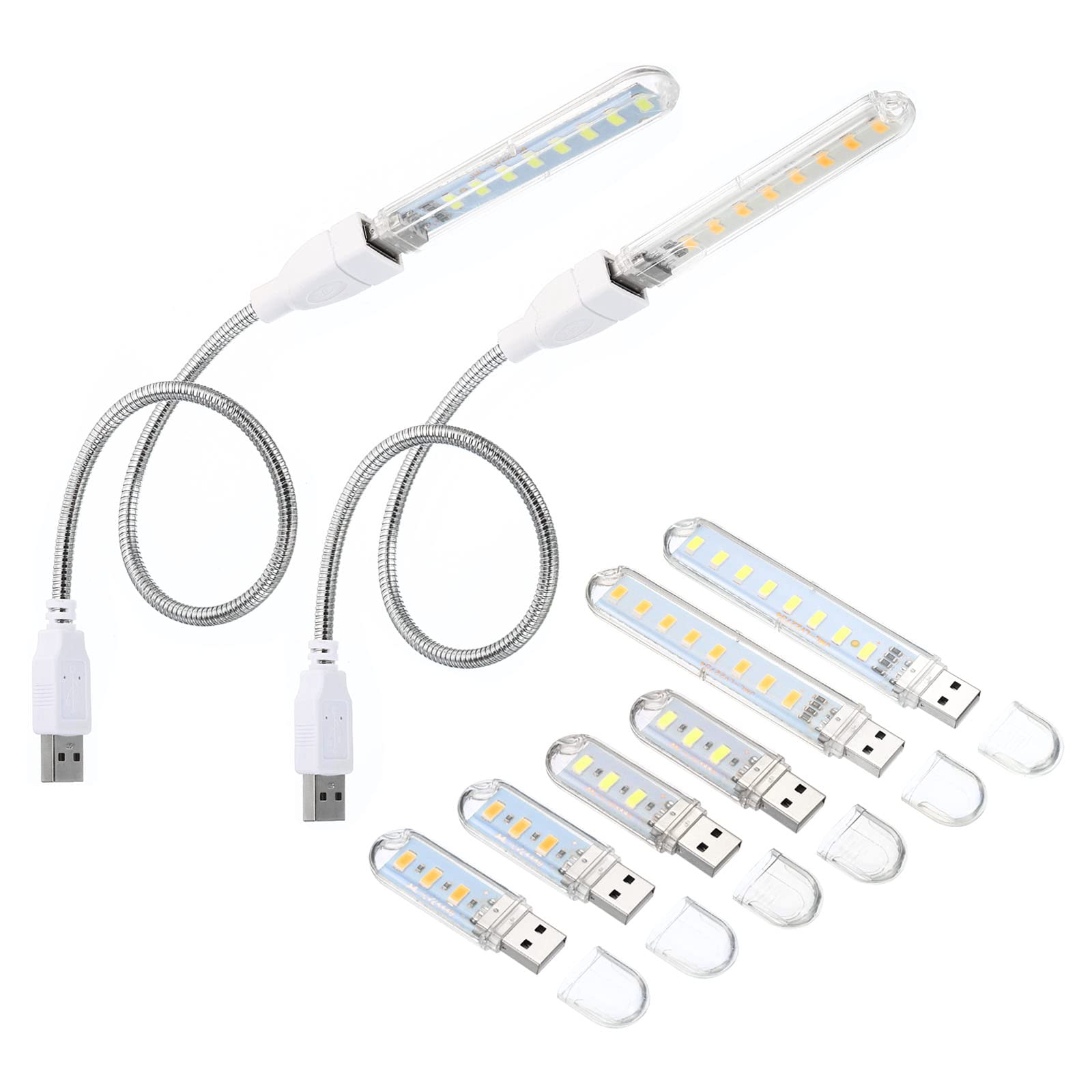 PATIKIL USB Night Lights, 8Pcs 1W 2W Portable LED Light Stick with 35cm Male to Female Flexible Gooseneck Cables for Indoor Outdoor, White & Warm
