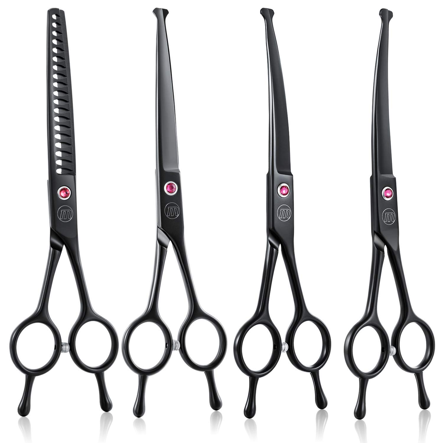 Moontay 7" Dog Grooming Scissors Set, Reversible Trimming Thinning Chunkers, Curved, Straight Cat Pet Grooming Shears with Safety Rounded Tip for Grooming Full Body (Chunker Set-Black-Rounded Tip)