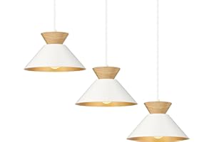 ELYONA 3 Pack Modern Pendant Light Fixtures Solid Wood Ceiling Hanging Lamp Matte White Metal & Gold Inner Finish Nordic Pendant Light for Farmhouse Kitchen Island Dining Room Bedroom Living Room