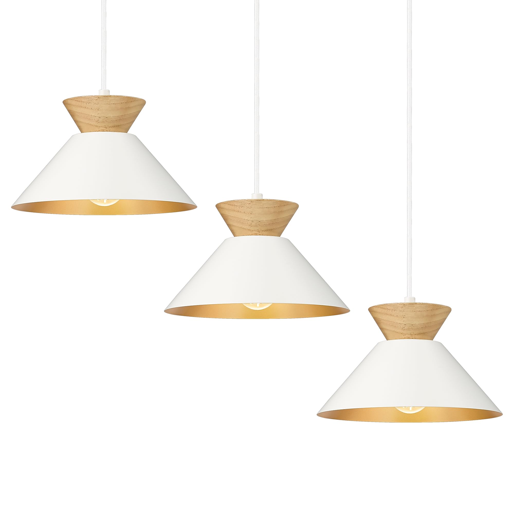 Photo 1 of ELYONA 3 Pack Modern Pendant Light Fixtures Solid Wood Ceiling Hanging Lamp Matte White Metal & Gold Inner Finish Nordic Pendant Light for Farmhouse Kitchen Island Dining Room Bedroom Living Room