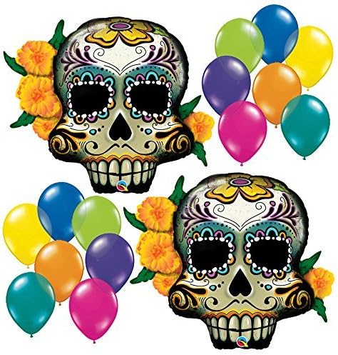 38" Day of the Dead Skull 16pc Fiesta Party Balloon Assortment Bundle by Fiesta Tribe - Birthday Halloween Party Decorations