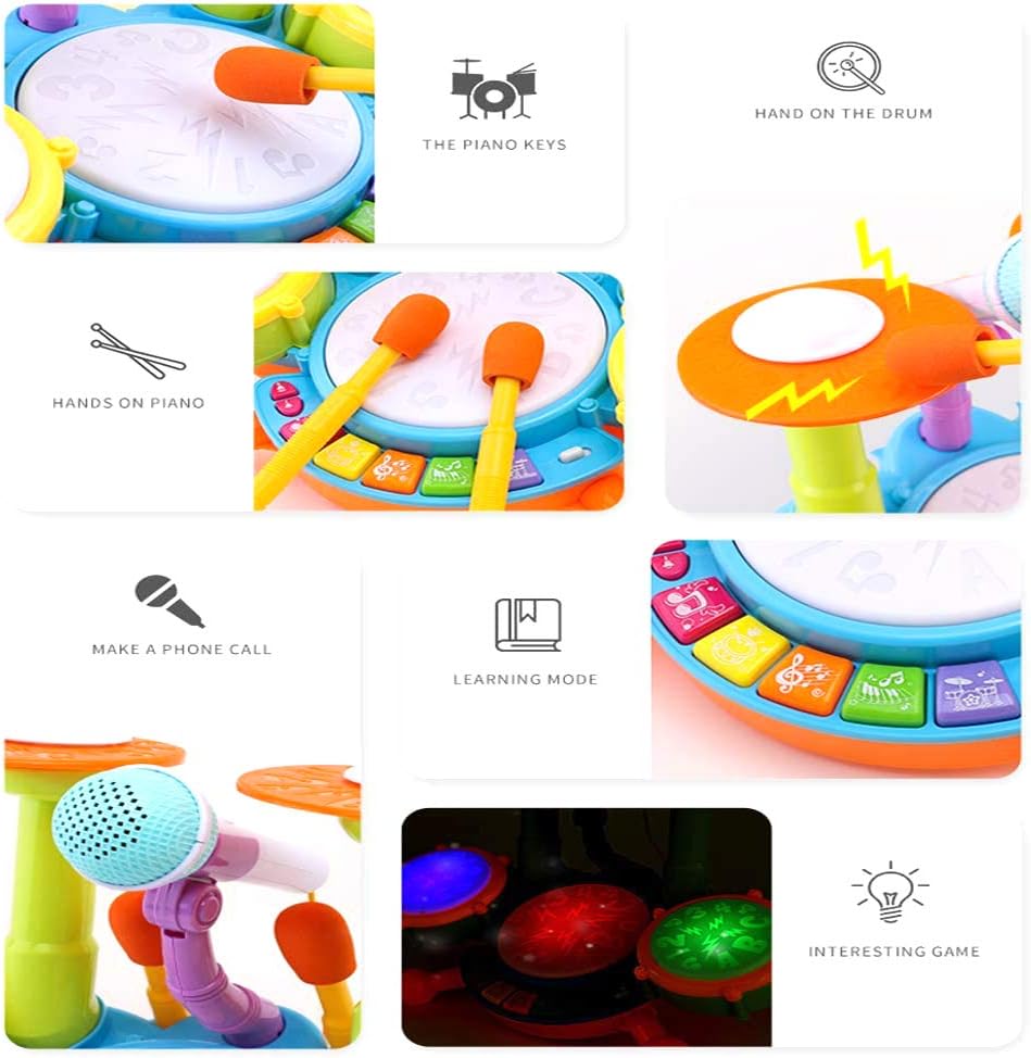 Cozybuy Kids Drum Set, Electronic Musical Instruments Toddlers Toys with 2 Drum Sticks, Beats Flash Light and Adjustable Microphone, Birthday Gift for 1-12 Years Old Boys and Girls: Toys & Games
