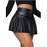 OYOANGLE Women's Pu Leather Elastic High Waist Skorts Ruffle Hem Casual Flared Skirt Shorts