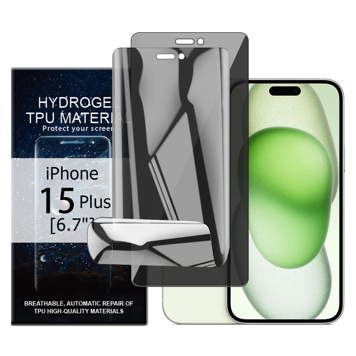Glcrrpu 2 Pack for iPhone 15 Plus[6.7"] Privacy Hydrogel Screen Protector[Anti-Spy] Flexible TPU Protective Film Self-Healing[Not Tempered Glass]