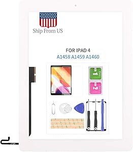 for iPad 4 4th Generation Screen Replacement for iPad 4 A1458 A1459 A1460 Touchscreen Digitizer Glass Panel with Home Button Repair Parts, Free Tempered Glass and Tools Kits