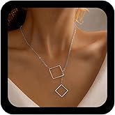 YienDoo Boho Square Y Necklace Choker Chain Silver Square Lariat Necklace Minimalist Hollow Square Pendant Necklace Statement Square Connected Toggle Clasp Necklace Jewelry for Women