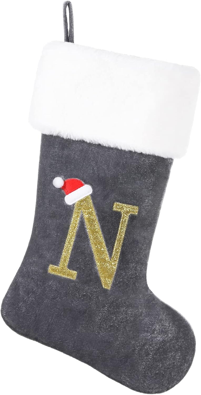 Stockings & Holders - SIRIPHUM 20 Inches Monogram Christmas Stocking Deluxe Grey Velvet Body with Super Soft Plush Cuff Embroidered Letter(N)