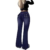 SEASUM Butt Lifting Bootcut Jeans Tummy Control Trendy Flare Leg Jeans for Women Casual Flap Pockets Denim Pants