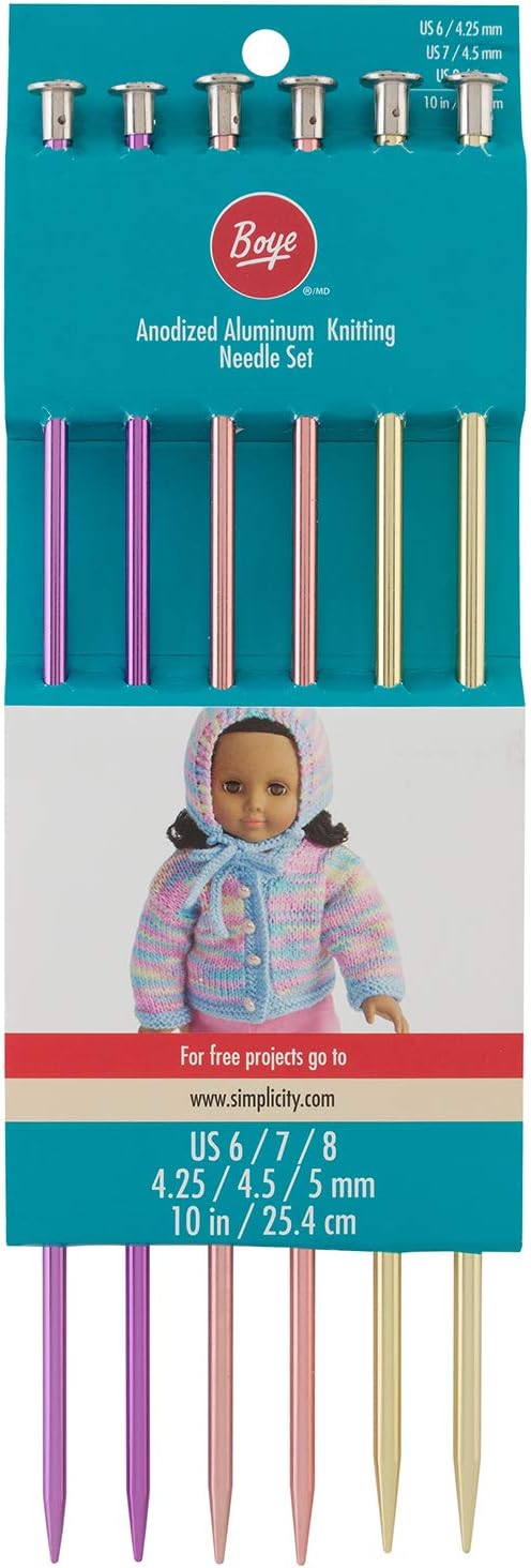 Boye Anodized Aluminum Metal Knitting Needle Set, 6pc, US Sizes 6'' - 8''