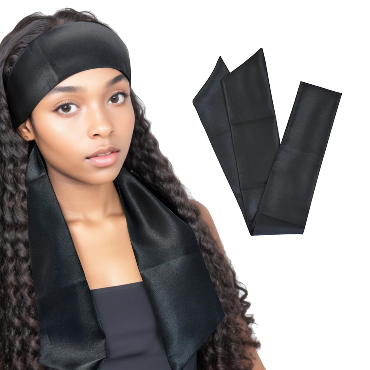 Satin Scarves for Wigs Grip Band Headband Soft Satin Laying Scarf for Lace Front Wigs Keep Wig Secured Headband for Yoga, Makeup, Facial, Sport (Black)