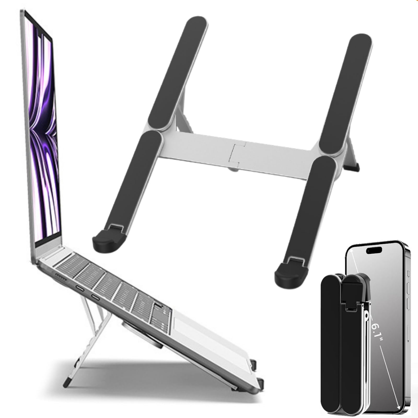 VVGAOGES Laptop Stand for Travel, Aluminium Height-Adjustable Ventilated Notebook Stand, Foldable Portable Laptop Stand Holder, Ergonomic Laptop Riser Fits with 11-17.3'' Devices (Silver)
