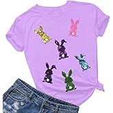 Happy Easter Shirts Women Sequin Bunny Shirt Cute Rabbit Graphic T Shirt Funny Easter Gift Short Sleeve Tee Tops