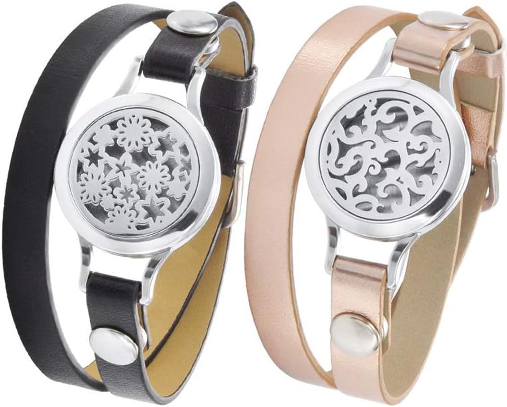 2 Packs Diffuser Bracelet Genuine Leather Bands Essential Oil Bracelet for Women Aromatherapy Bracelet Yoga Bracelet Diffuser Locket Bracelet Confidence Relax Bracelet (Update)
