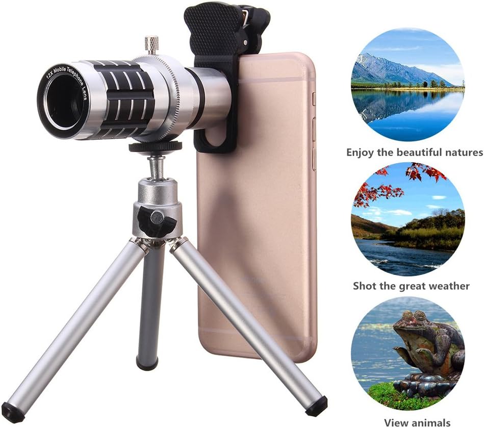 12X Optical Phone Camera Lens with Tripod, Hizek Manual Focus Telescope Zoom Kit with Cellphone Stand Sliver+Tripod