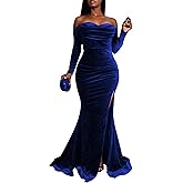 Vakkest Women Off The Shoulder Formal Dresses Long Sleeve Evening Party Velvet Maxi Dress High Split Cocktail Gowns