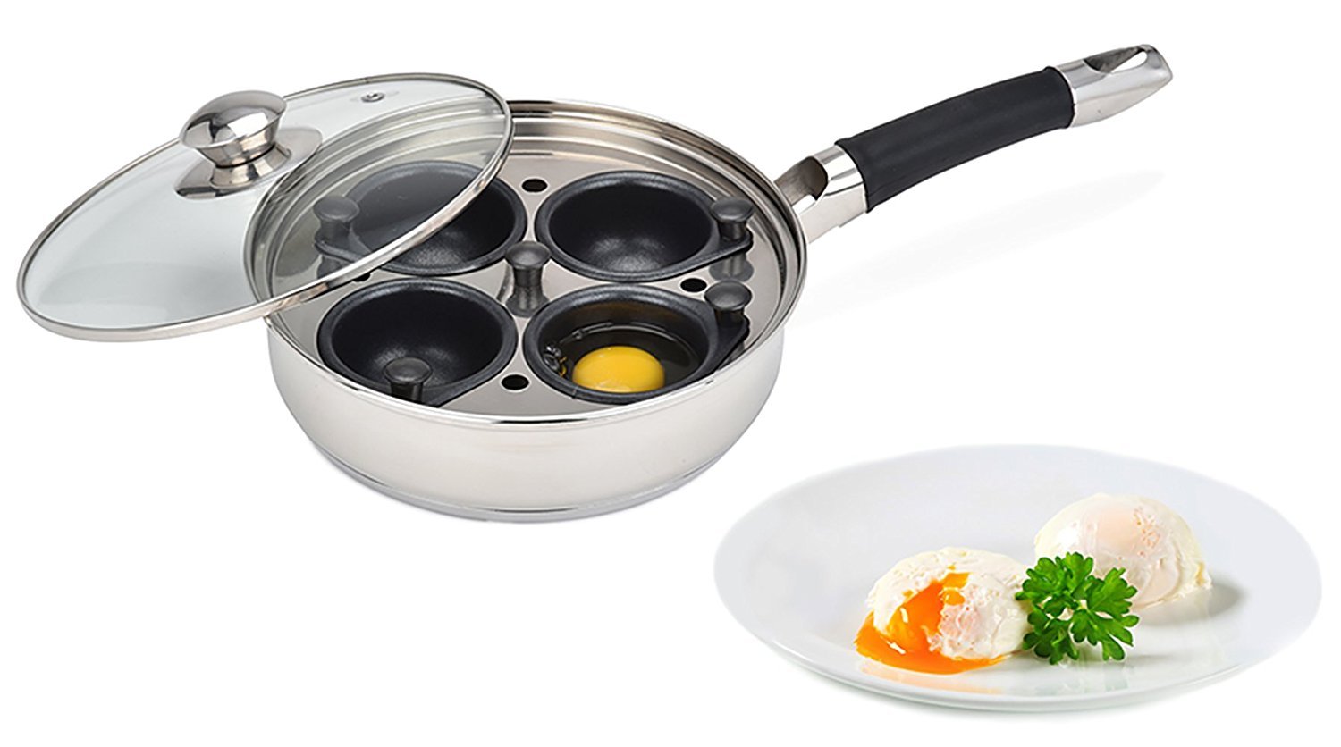 Modern Innovations Stainless Steel Egg Poacher Pan Set with 4 Nonstick