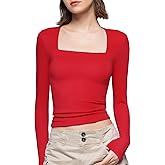 PUMIEY Women's Square Neck Long Sleeve T Shirts Slim Fit Tops Basic Tee Smoke Cloud Pro Collection