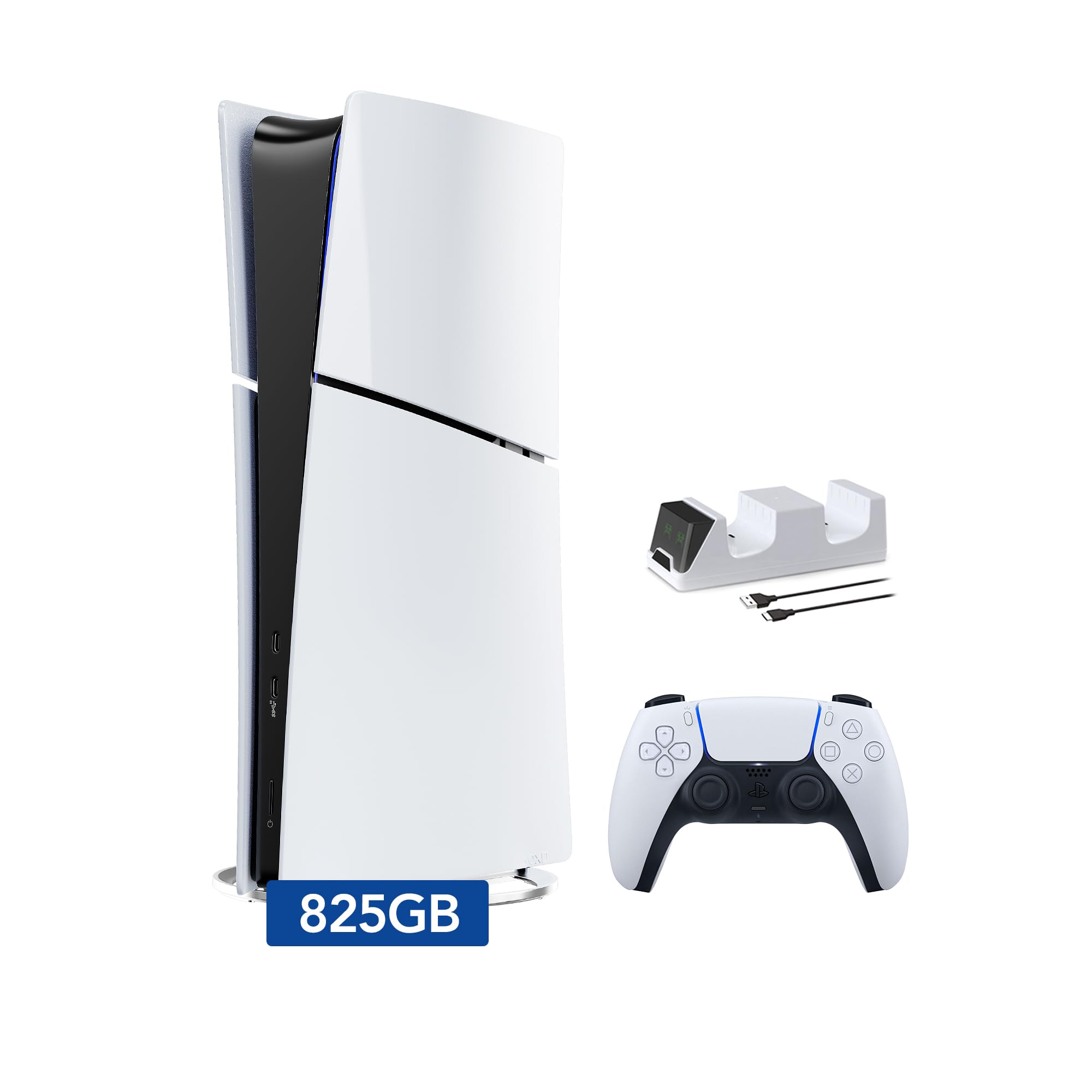 PlayStation 5 Slim Digital Edition Console, Controller and Mytrix Controller Charger - White, Slim PS5 825GB PCIe SSD Gaming Console