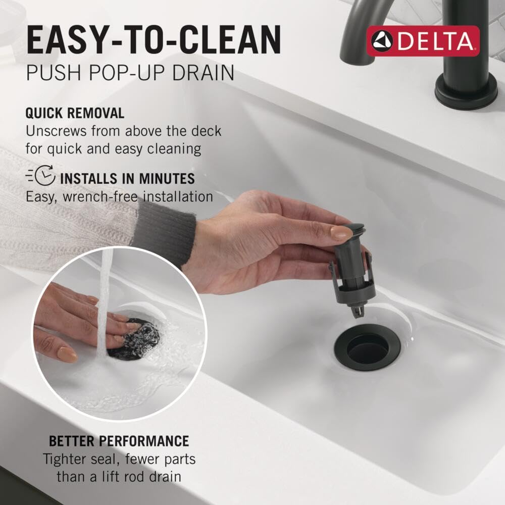 Delta Modern Matte Black Bathroom Faucet 1 Hole, Single Hole Bathroom Sink Faucet for Vanity, Push-Pop Drain Assembly, Matte Black 581LF-BLGPM-PP