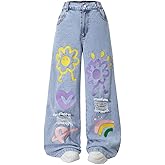 Nivne Tco Tween Girls Wide Leg Jeans, Elastic Wasit Ripped Denim Pants with Pockets, Pattern Print Jeans for Girls