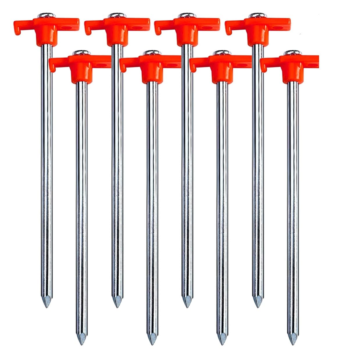 Almineez 8 x Ground Stake Tent Pegs Galvanised Steel T Hooks Anchors Rebar 25cm For Camping Tents Trampoline Canopies Swing Landscape Anti-Rust Storm Proof Pins - Ideal for Hard Rocky Ground