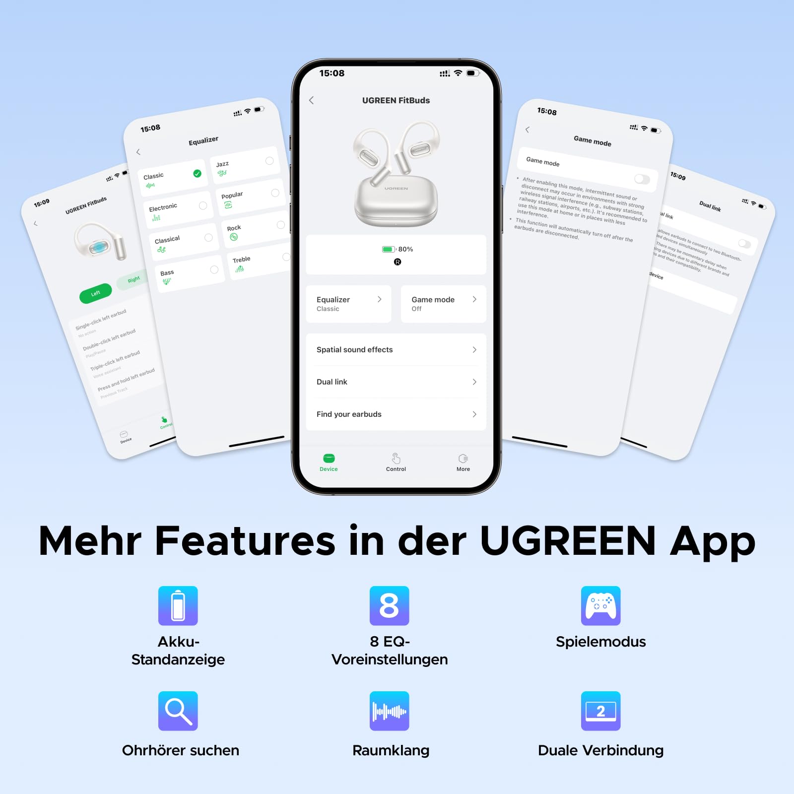 UGREEN FitBuds 2 Open Ear Kopfhörer, Bluetooth Kopfhörer Sport, Bluetooth 6.0, 28 Std. Spielzeit, IPX5, 4-Mikrofon AI Lärmreduzierung, App-Steuerung, Raumklang, Doppelverbindung, für Sport & Alltag 9