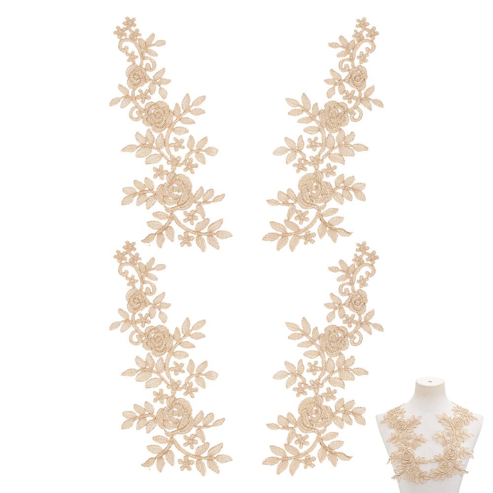 HOBBIESAY 4Pcs Flower Embroidery Lace Appliques Golden Leaf Flowers Patches Polyester Decorative Floral Appliques Dress Gown Sewing Decorations for Fabric DIY Crafting 360x145x1mm