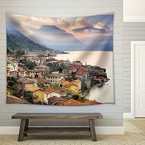 View of Como Lake, Milan, Italy, on Sunset with Alps Mountains in Background - Fabric Wall Tapestry Home Decor - 51x60 inches