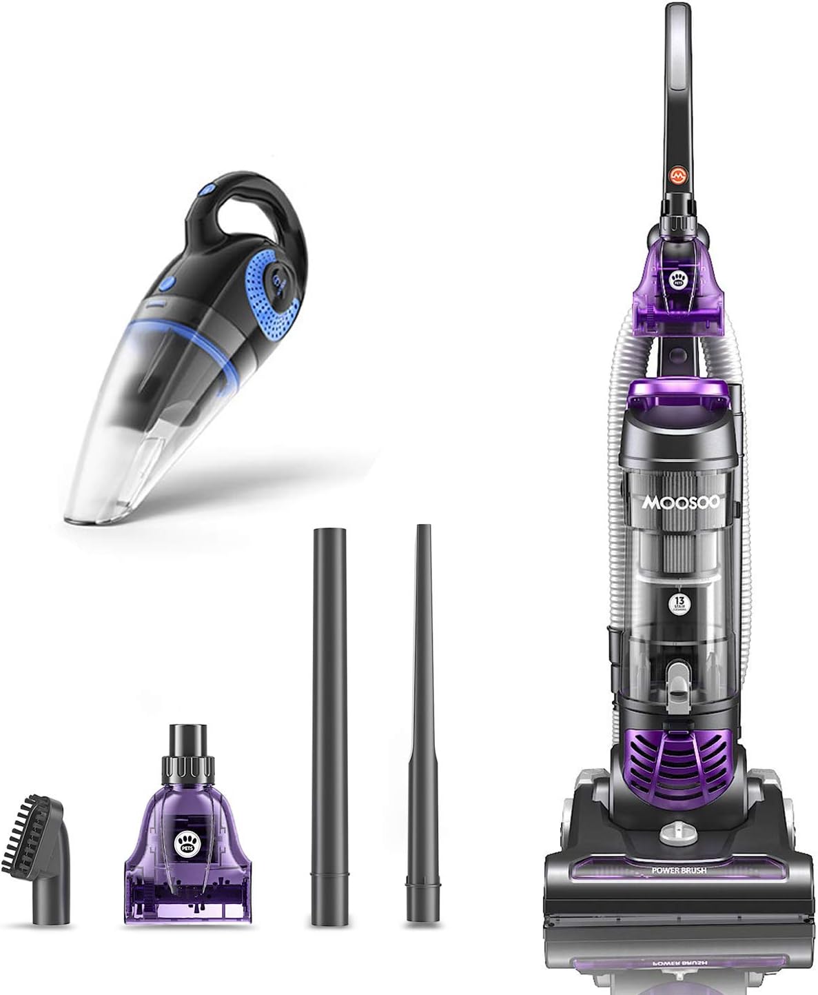 MOOSOO Powerful Pet Upright Vacuum Cleaner, 1400W Powerful Suction and HEPA Media Filtration, Pet Power Brush, Crevice and Upholstery Tool, for Pet Hair, Carpet and Hard Floor - Model: U1400-PLUS -