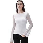 SUUKSESS Women Mesh Sheer Bell Sleeve Tops Double Lined Boat Neck Going Out Shirts
