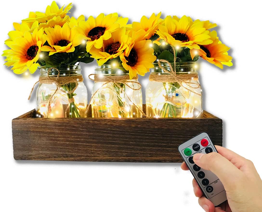 Mason Jar Centerpiece Decorative Wood Centerpiece Tray with Remote Control Led & Sunflower Artificial Flowers Rustic Farmhouse Table Decor for Kitchen Wedding Party