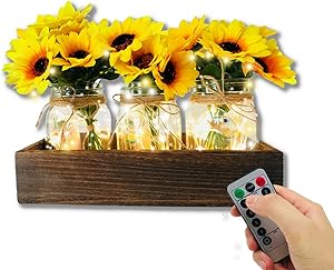Mason Jar Centerpiece Decorative Wood Centerpiece Tray with Remote Control Led & Sunflower Artificial Flowers Rustic Farmhouse Table Decor for Kitchen Wedding Party